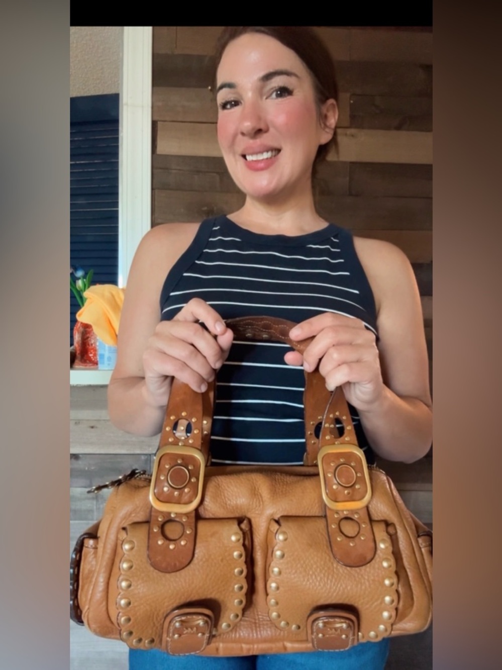 Michael Kors Cognac Studded Leather Shoulder Bag